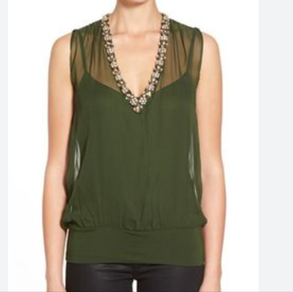 Bailey 44 Silk Moss Green Embellished Top Rhinestone Revolve Size S